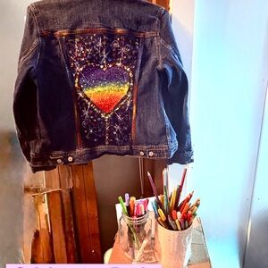 Women's Denim Jacket with Rainbow Pride Heart Design